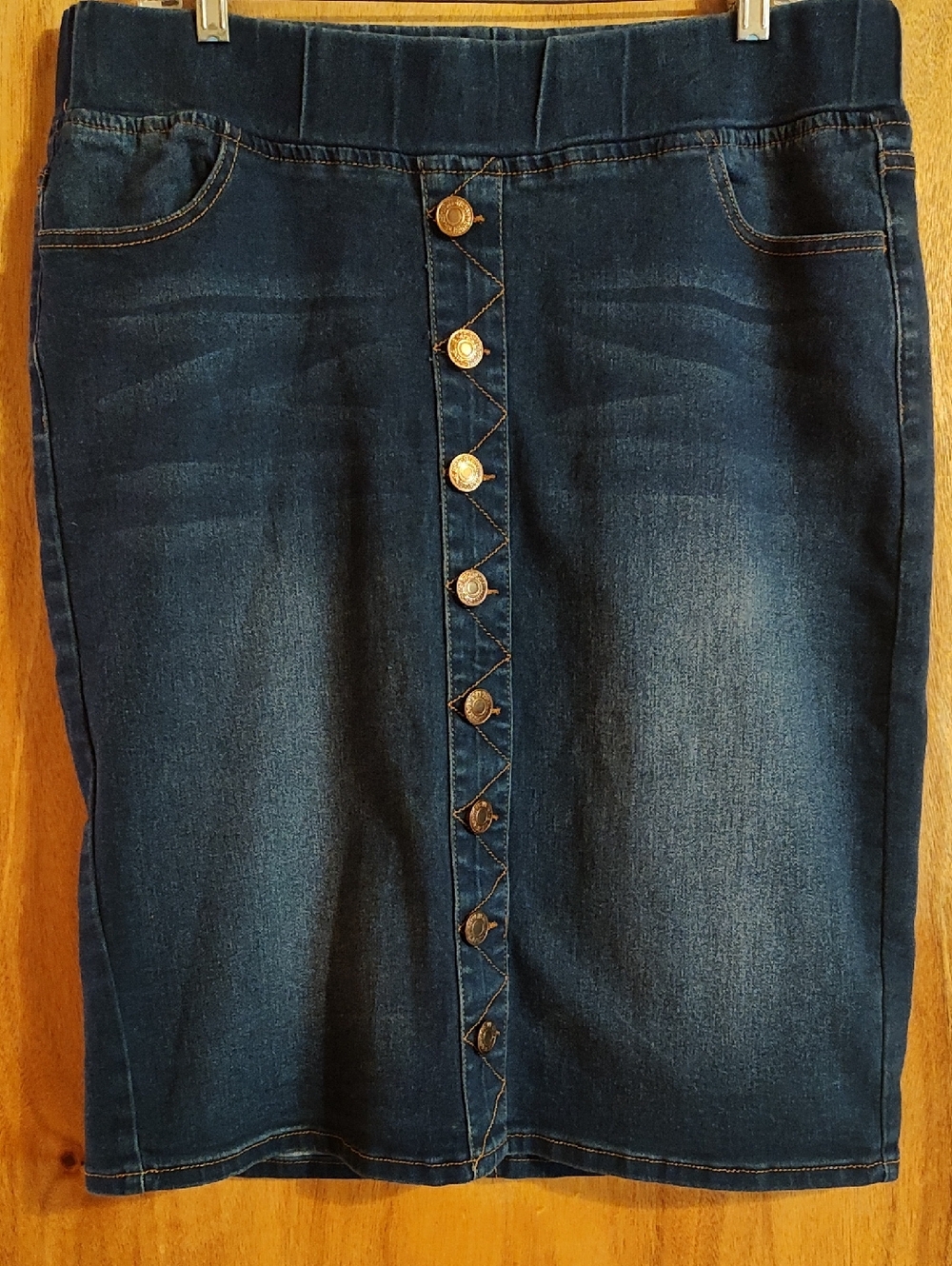 Be-Girl Stretch Denim Skirt Dark Blue Jean Whiskered Faded Elastic Waist Size XL